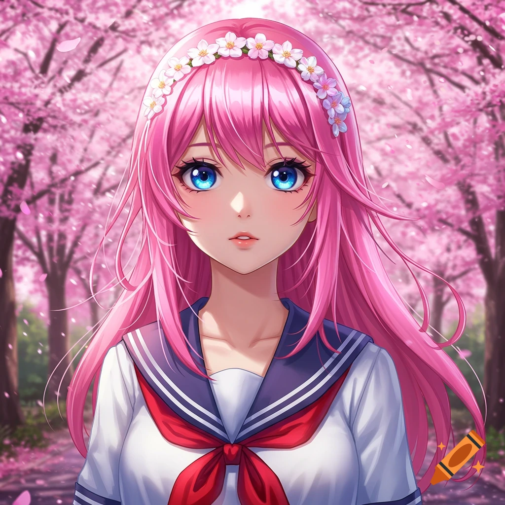 Anime girl with pink hair, blue eyes, school uniform, and flower crown in a cherry blossom grove.
