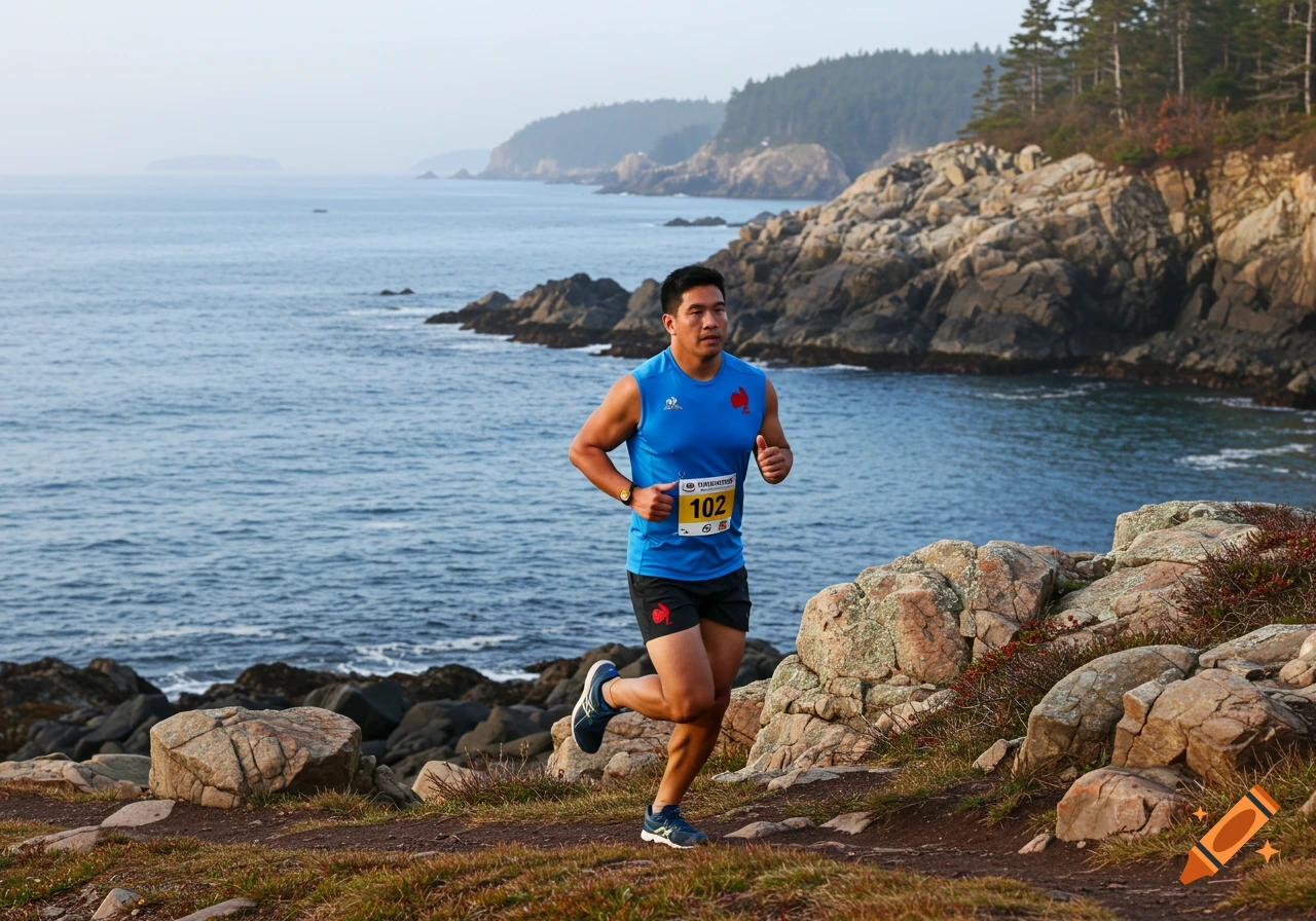 A man running a marathon on a rocky coastal trail overlooking the ocean.