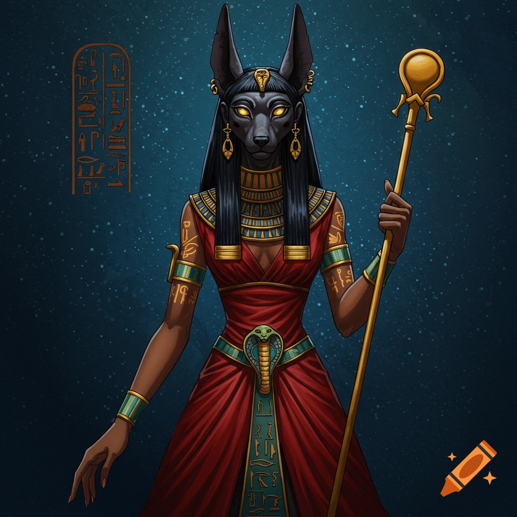 Anubis-like figure in red and gold ancient Egyptian attire holding a staff.
