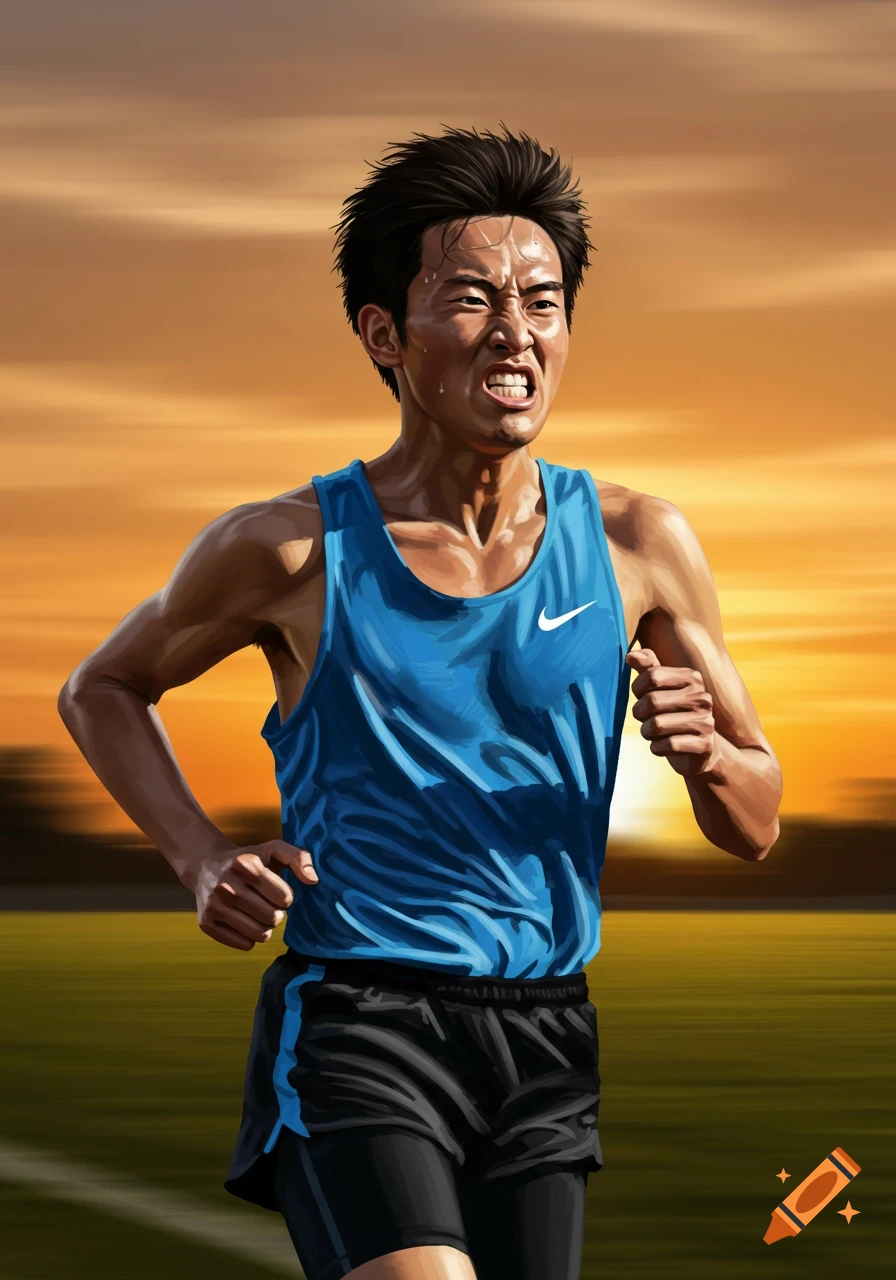 Athlete running during sunset with a gritty expression, digital art