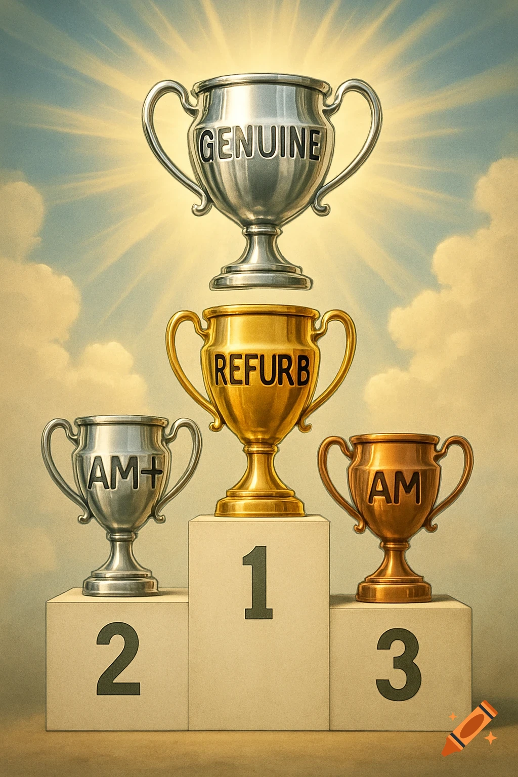 Illustrative image of a tiered podium with trophies. Trophies are labeled GENUINE, REFURB, AM+, and AM.