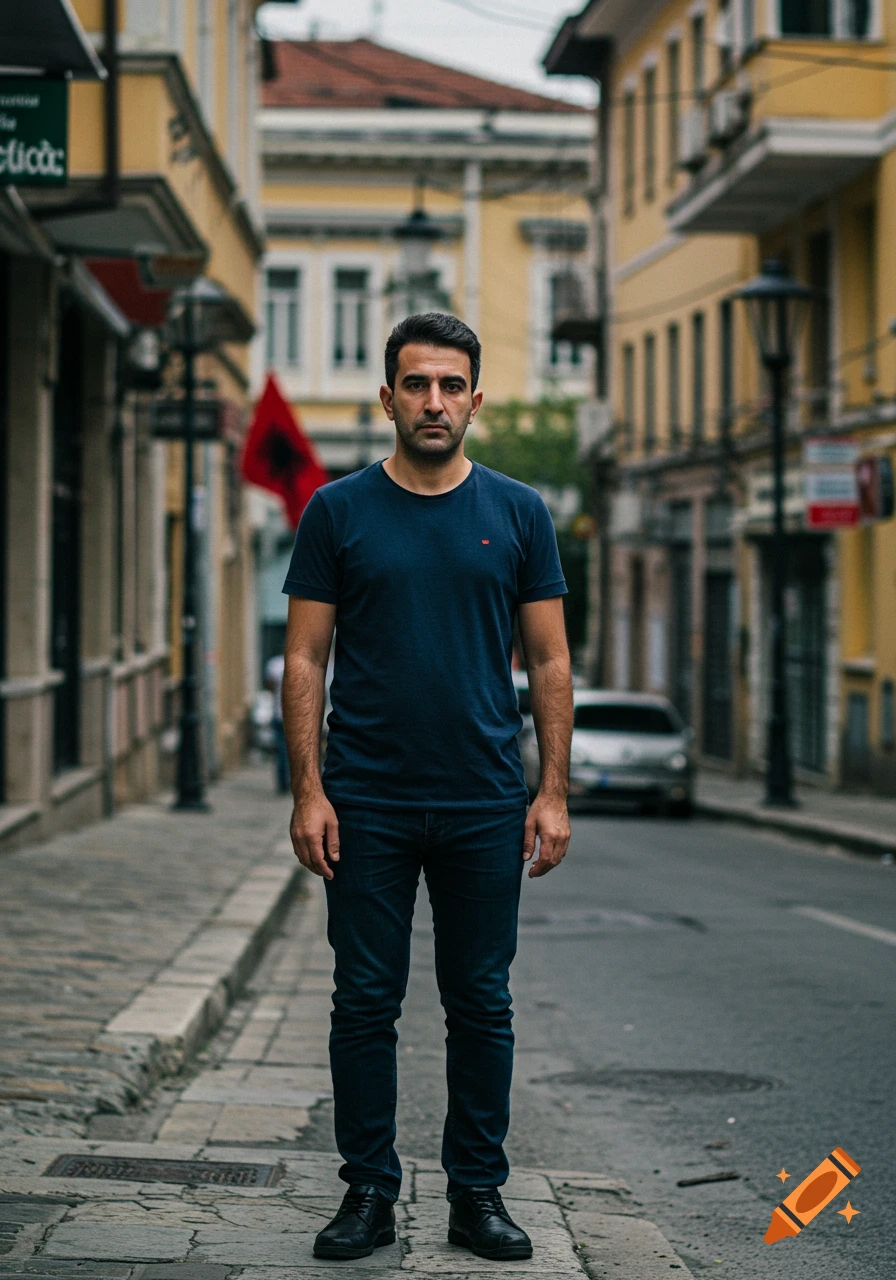 A man stands in the middle of a street surrounded by buildings.