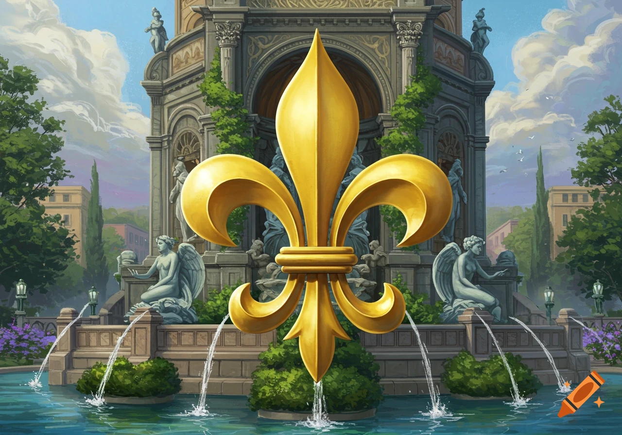 Golden fleur-de-lis in front of a classical fountain with statues and trees