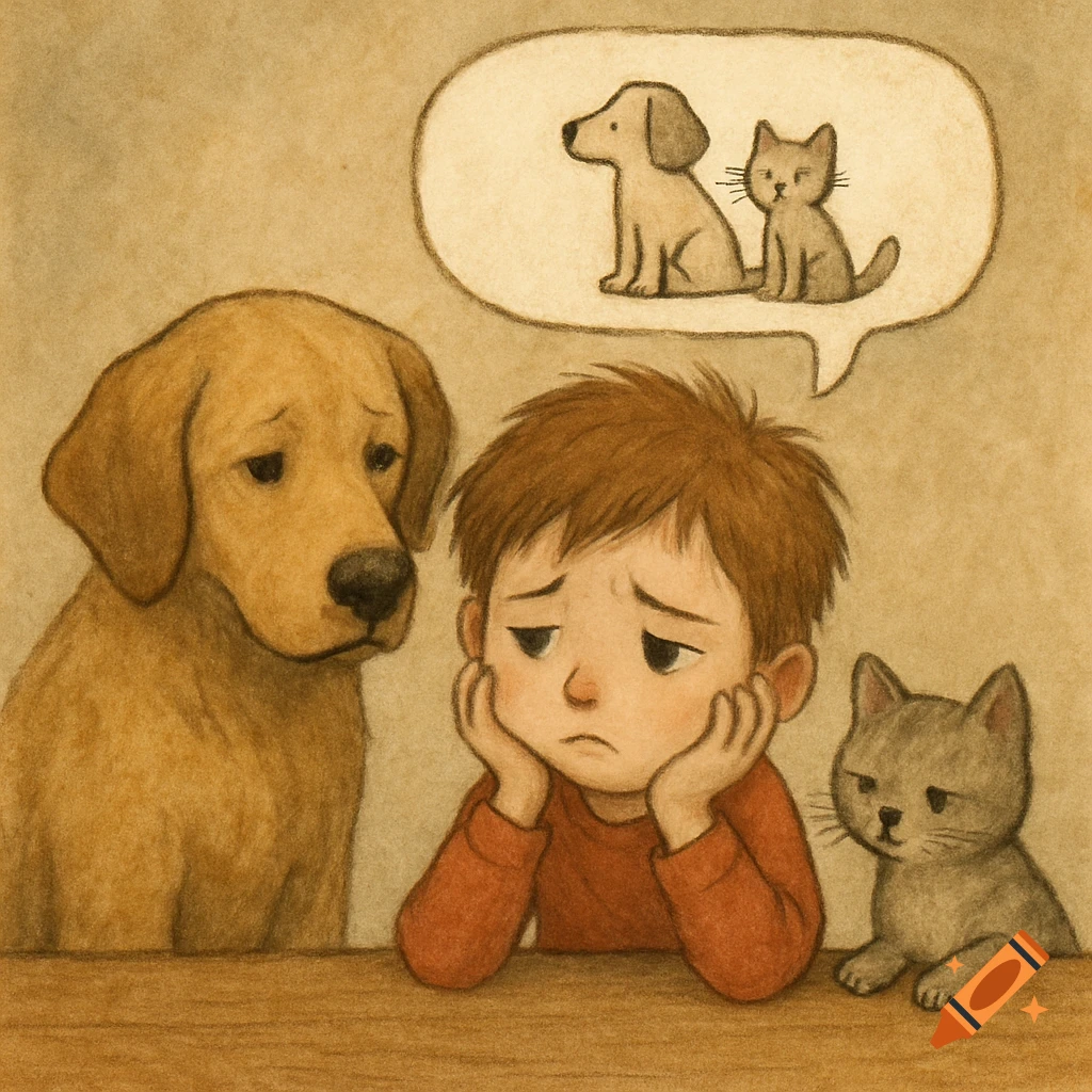 Sad boy at a table with a dog and cat, a thought bubble shows simpler drawings of pets, illustration.