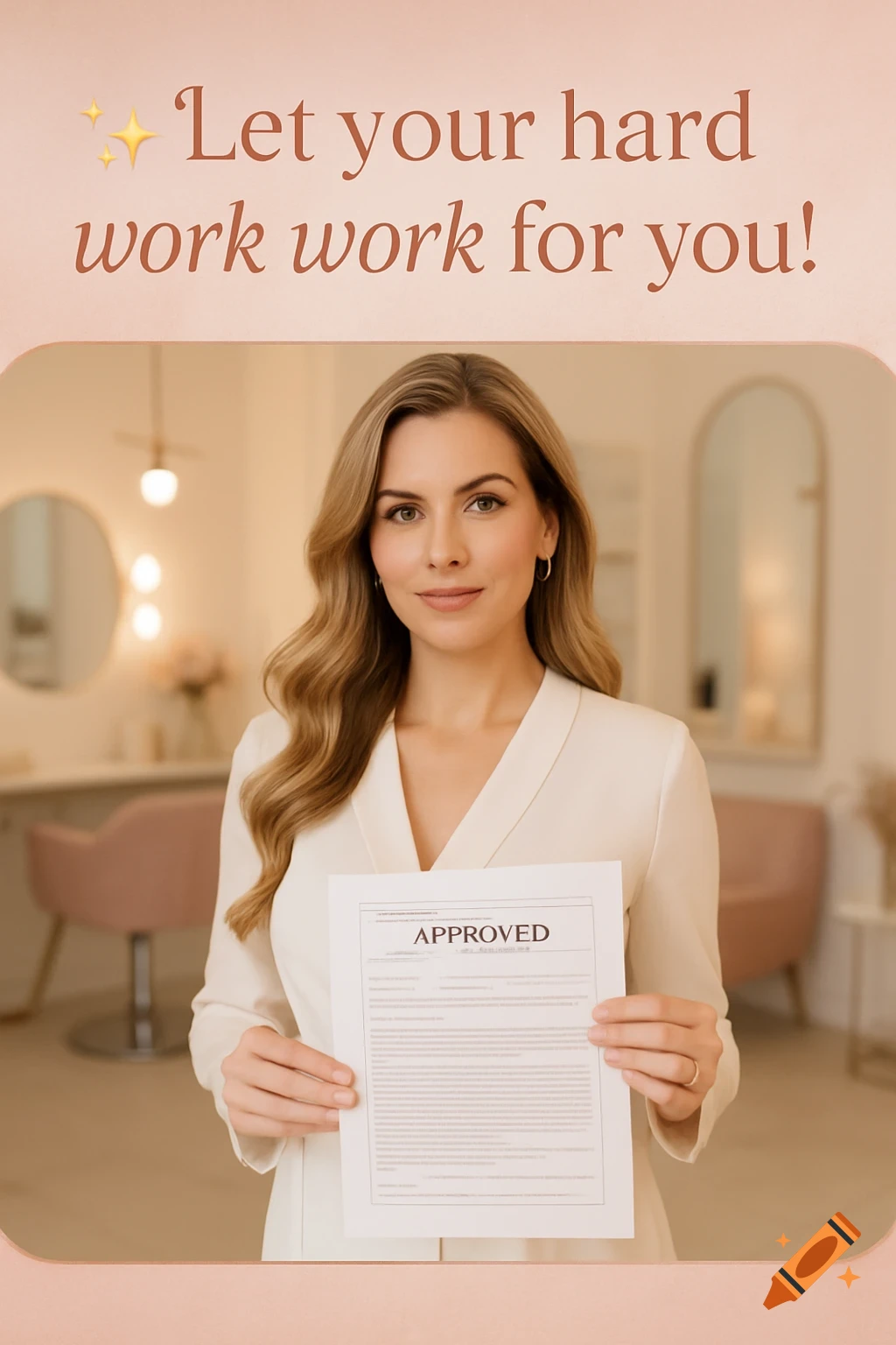 A confident woman in a salon holds up an approved document. Overlay text says 'Let your hard work work for you!'.