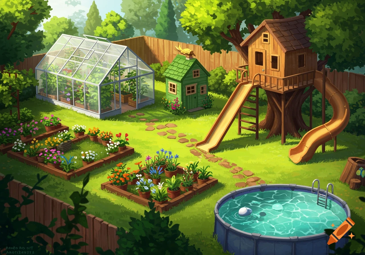 An illustrated dream backyard with a greenhouse, garden beds, treehouse with slides, and a pool.