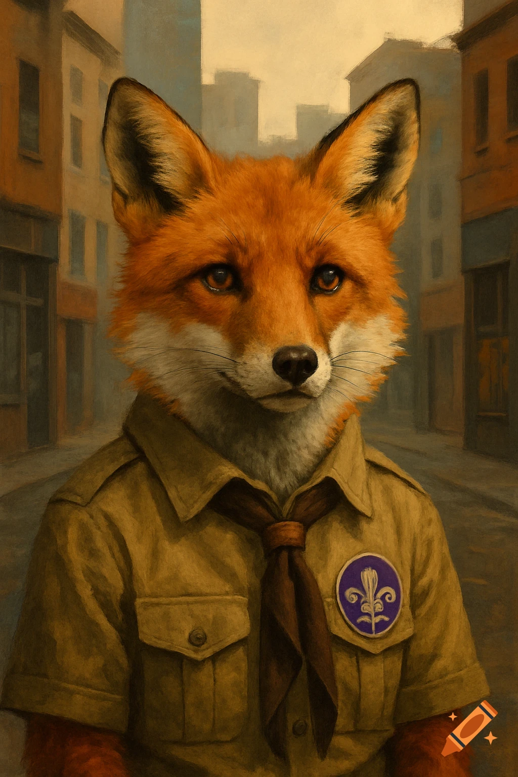 Painting of an anthropomorphic fox in a scout uniform standing in an urban street.