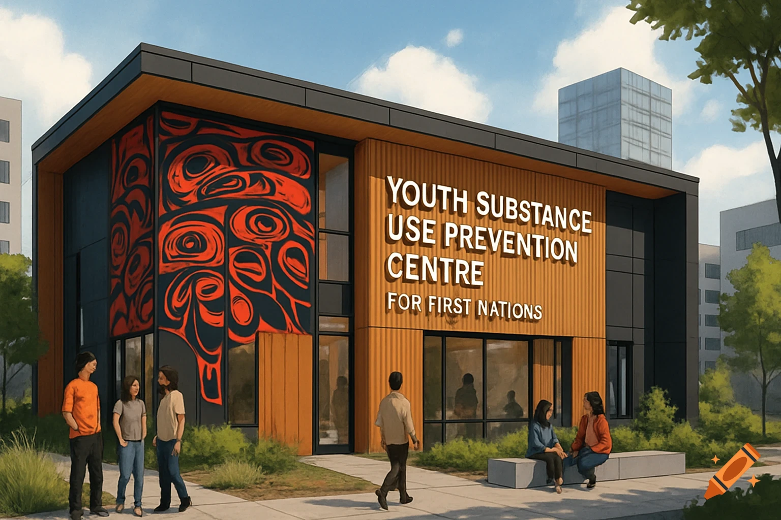 Modern building with 'Youth Substance Use Prevention Centre for First Nations' sign and people outside.