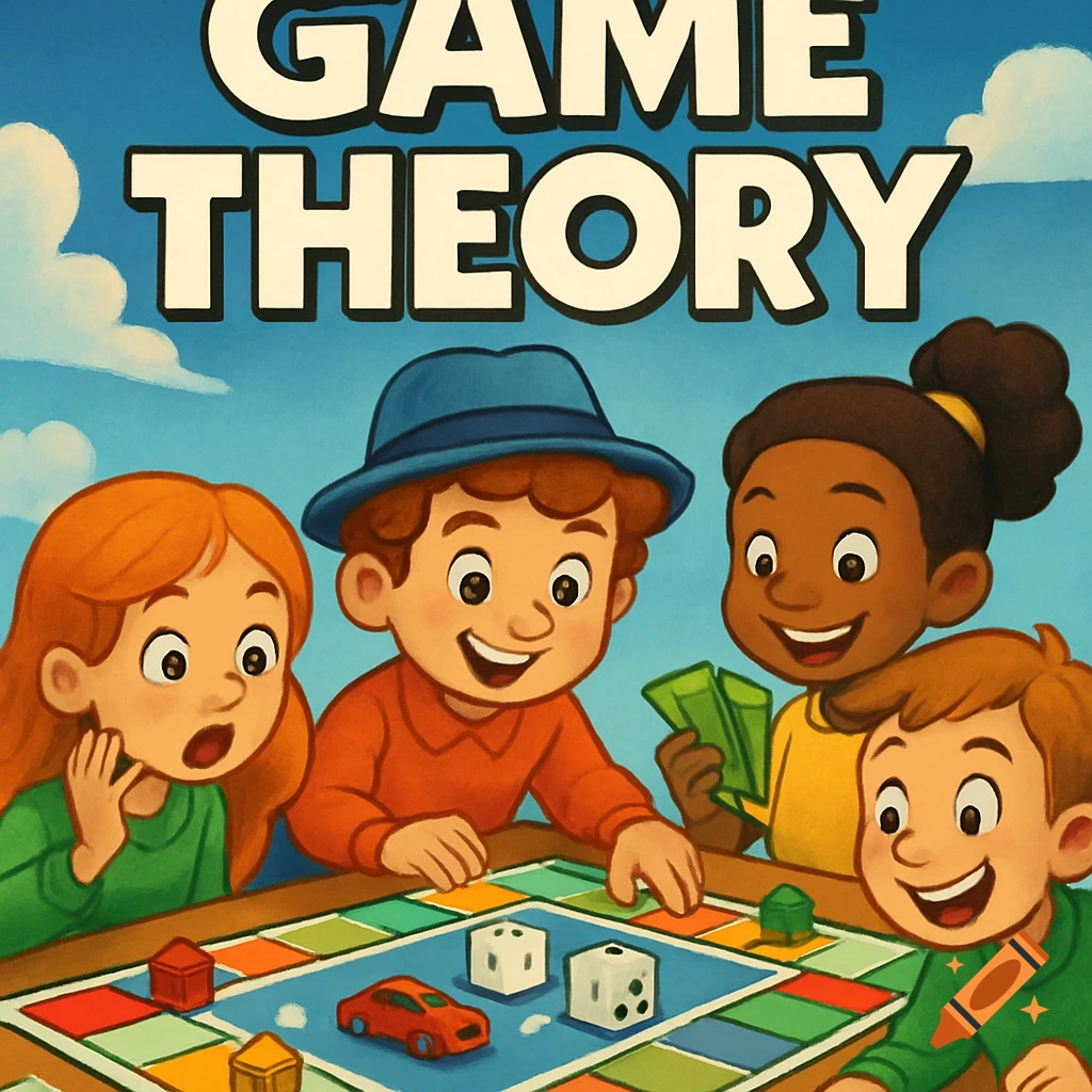 Cartoon illustration of four kids playing a board game with the words "GAME THEORY" at the top.