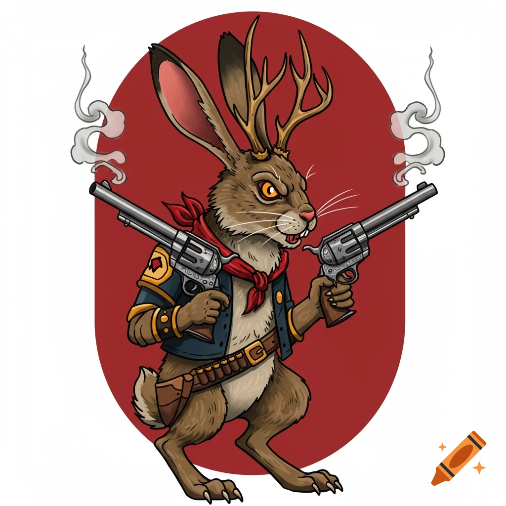 American traditional tattoo style illustration of a jackalope gunslinger with twin revolvers