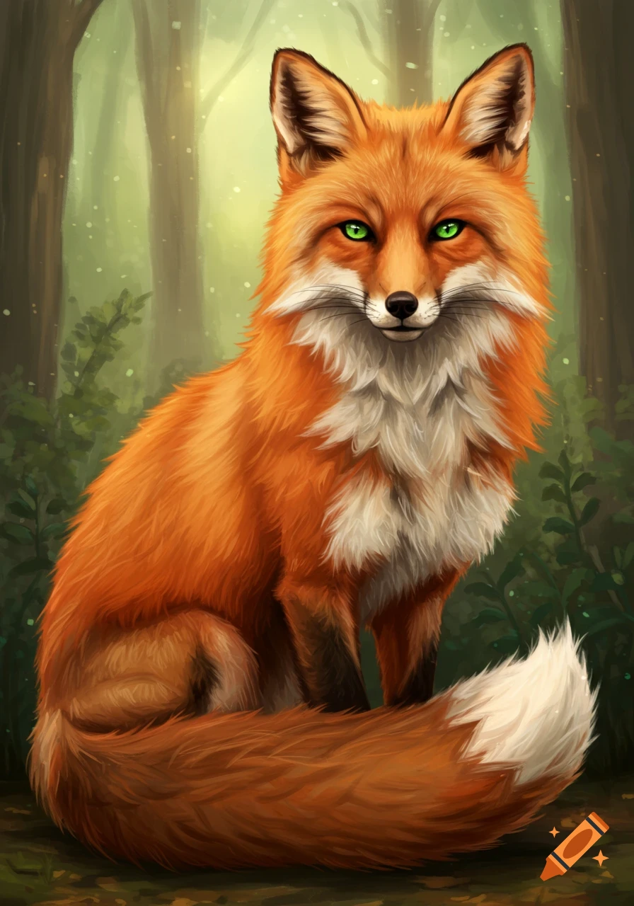 Digital painting of a red fox with bright green eyes sitting in a forest.