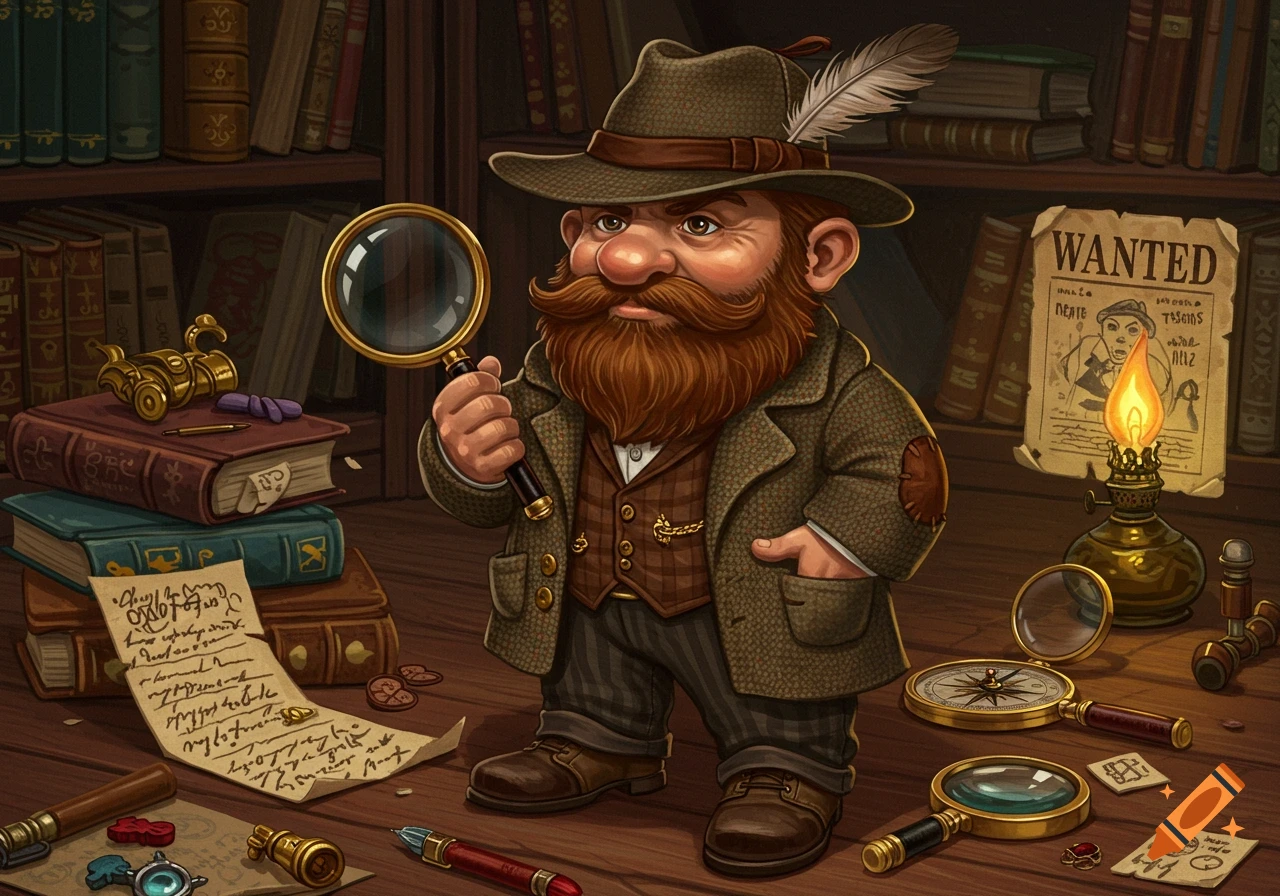Bearded gnome private investigator holding a magnifying glass in a study with books and clues, detailed illustration style.