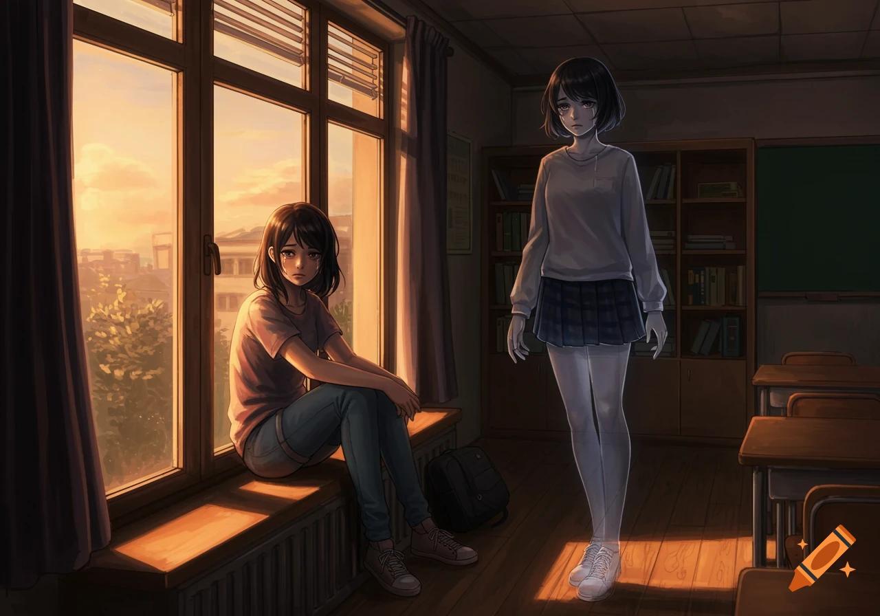 Anime illustration of two sad girls in a classroom at sunset, one crying on a windowsill, the other a translucent ghost.