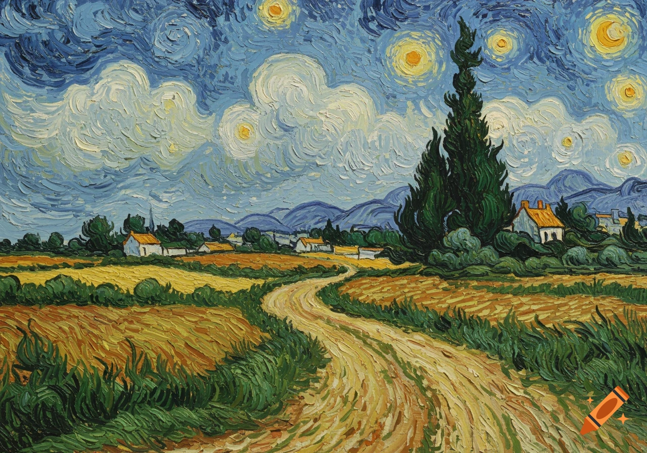 A painting in Van Gogh's style of a landscape with a road, fields, houses, cypress tree, and swirling sky.