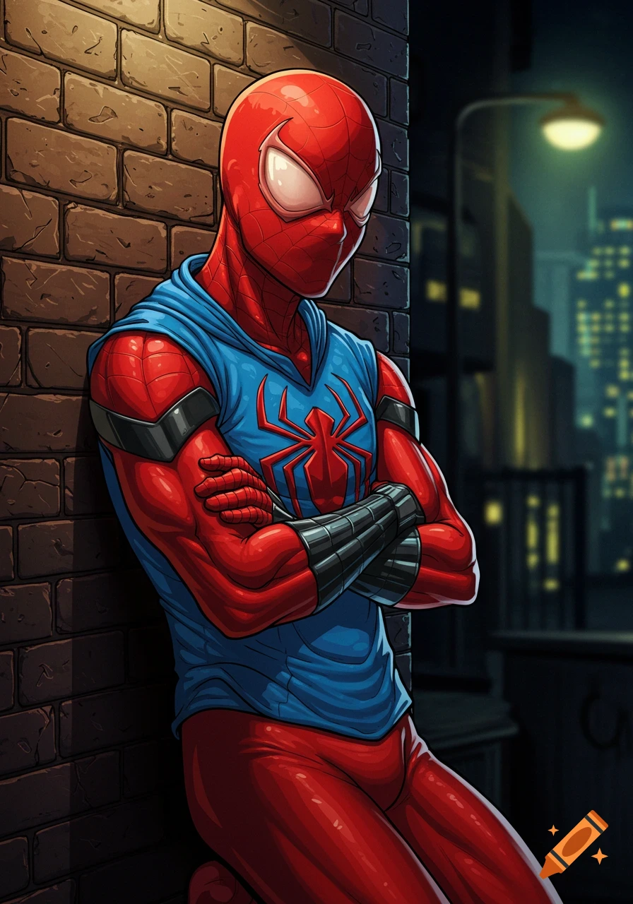 Scarlet Spider leaning against a brick wall at night, comic book style.
