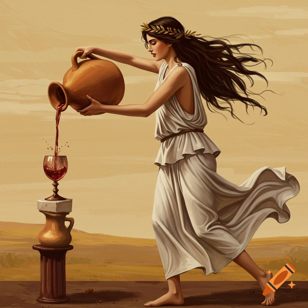 A woman in a neoclassical dress pours red wine from a jug into a glass on a pedestal.