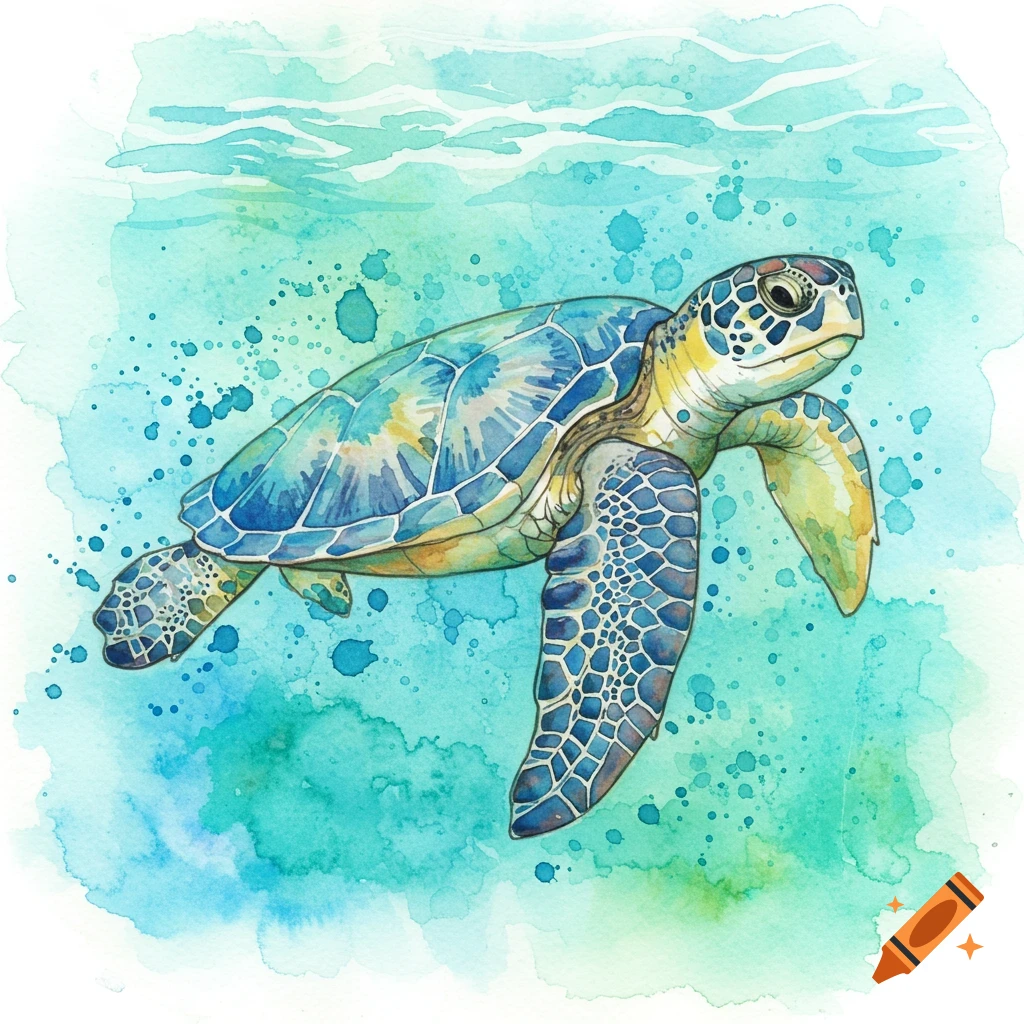 Watercolor illustration of a sea turtle swimming underwater