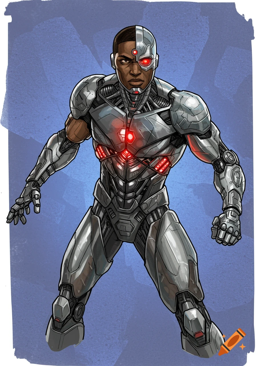 Illustration of the superhero Cyborg standing in his metallic suit with red lights against a blue background.