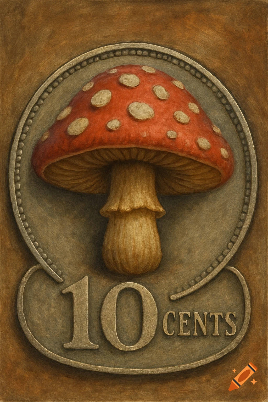 An illustration of a red and white spotted mushroom on a coin that says "10 CENTS".