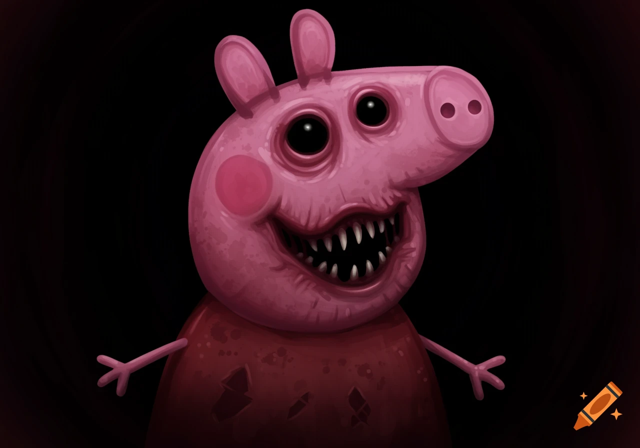 A creepy, distorted version of Peppa Pig with dark eyes and sharp teeth, against a black background.