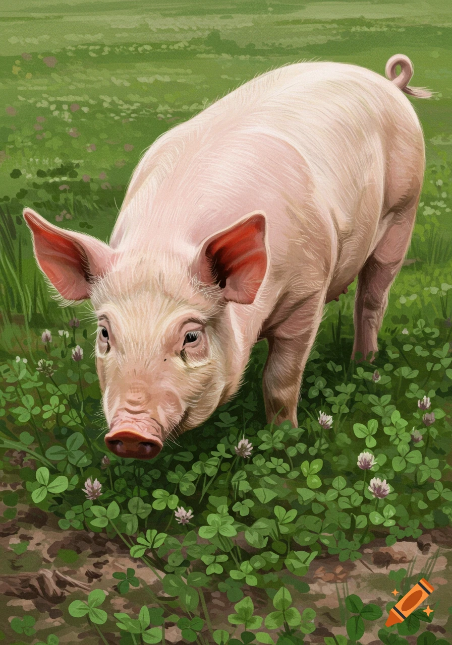 A pink pig looks down while standing in a field of green clover and small pink flowers. Digital painting.