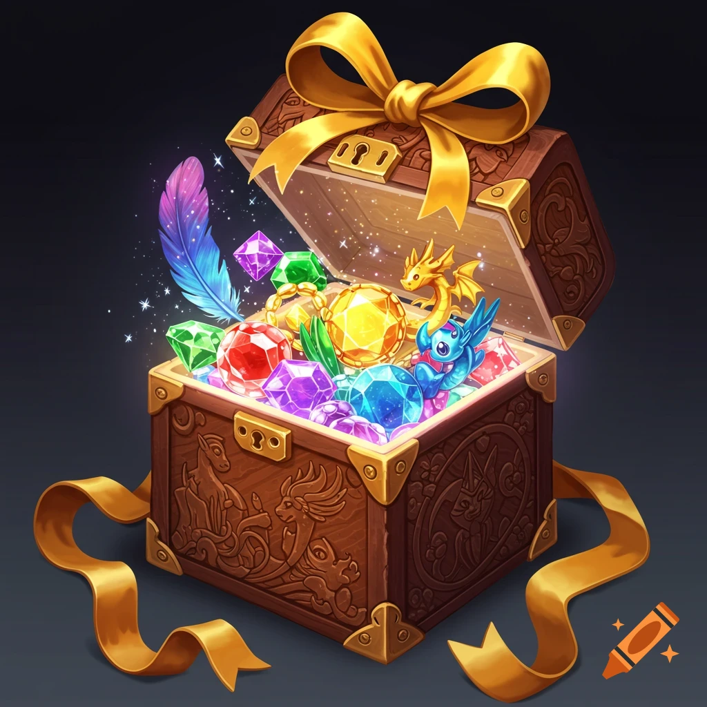 An open fantasy treasure chest overflows with colourful gems, jewels, a feather, a dragon, and a winged creature, wrapped with a golden ribbon.