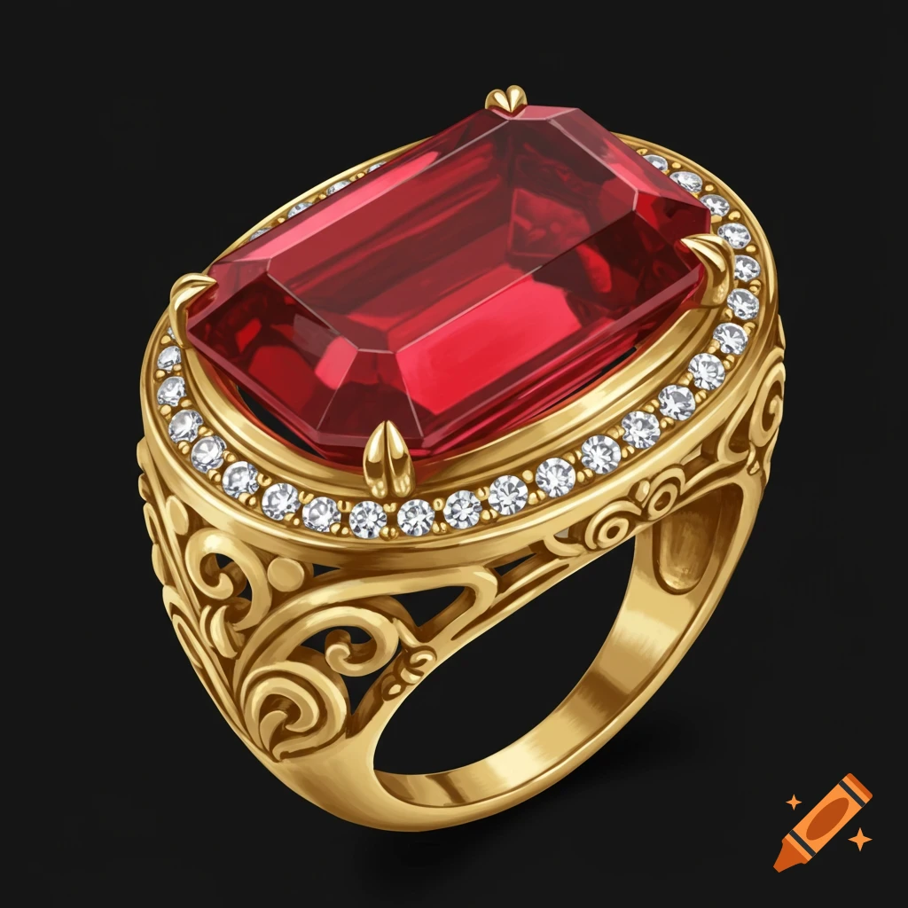 Gold ring with large red rectangular gemstone surrounded by diamonds.