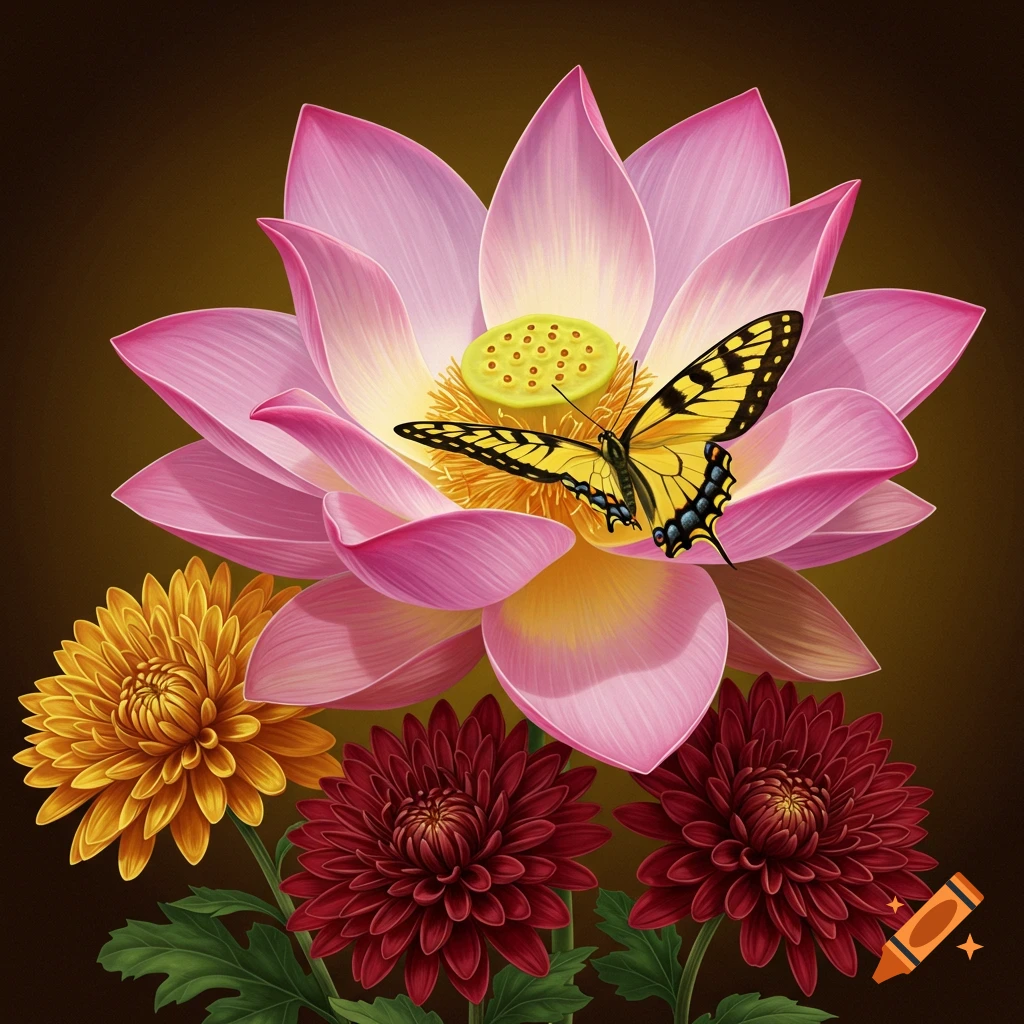 A yellow butterfly on a pink lotus flower with red and yellow chrysanthemums below. Digital illustration.