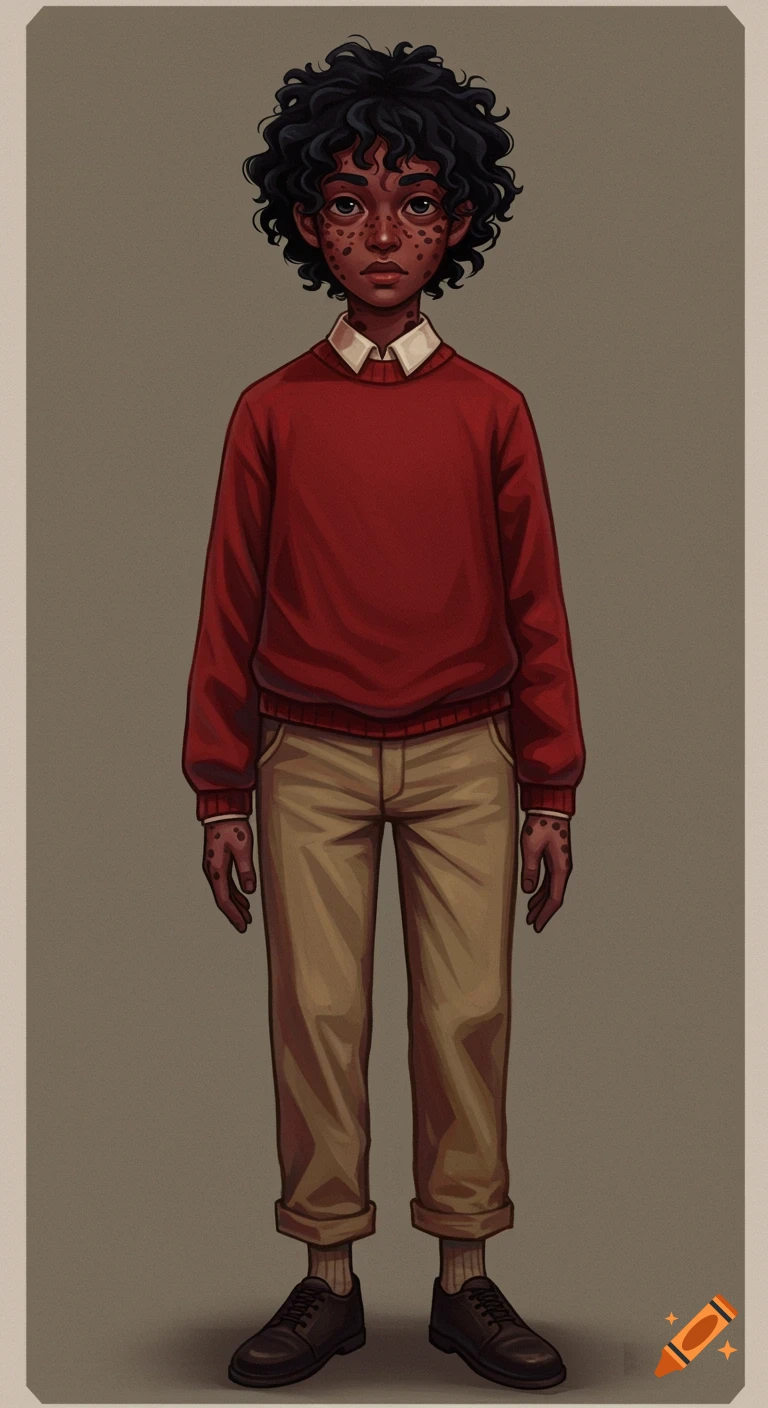 Full body illustration of a boy with dark curly hair and face spots, wearing a red sweater and khaki pants.
