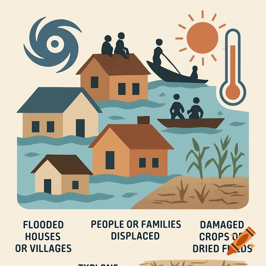 Illustration depicting climate change effects: flooded houses, people on roofs and in boats, cyclone symbol, thermometer, and damaged crops.