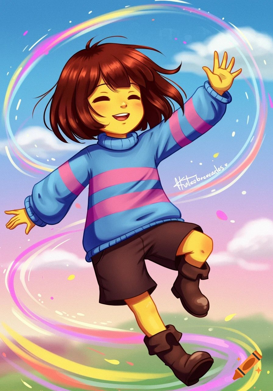 Frisk from Undertale jumping with a rainbow trail against a sky background in an anime style.