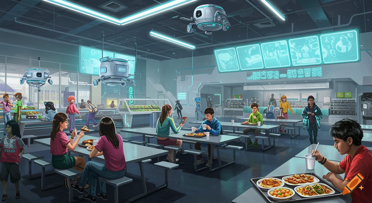 Futuristic school canteen with students and floating robots.