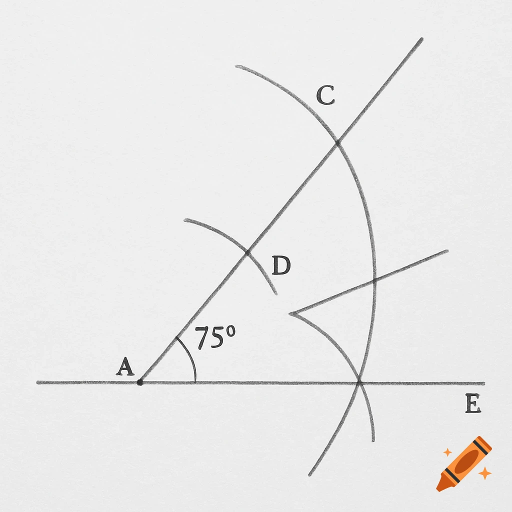 Hand-drawn geometric diagram showing angle construction with points A, C, D, E and an angle labeled 75 degrees.
