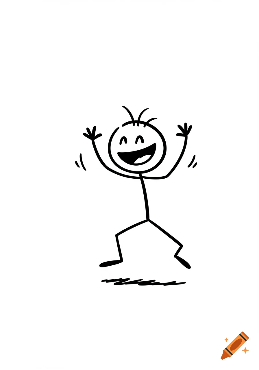 A black and white drawing of a happy stick figure jumping with arms raised.