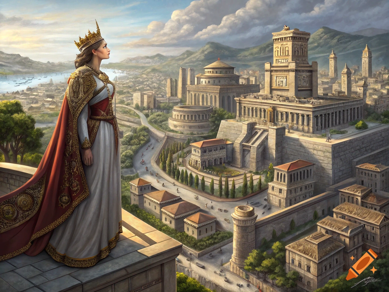 Queen in elaborate robes and crown overlooks ancient city with grand buildings and mountains.