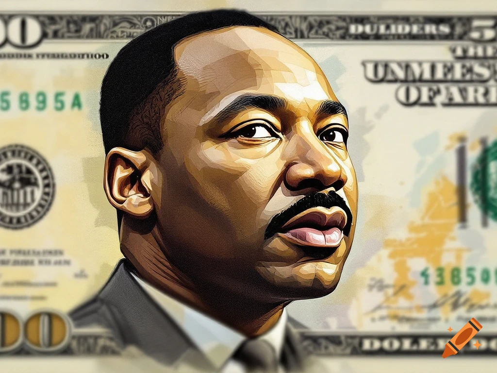 Stylized portrait of Martin Luther King Jr. over a hundred dollar bill background.