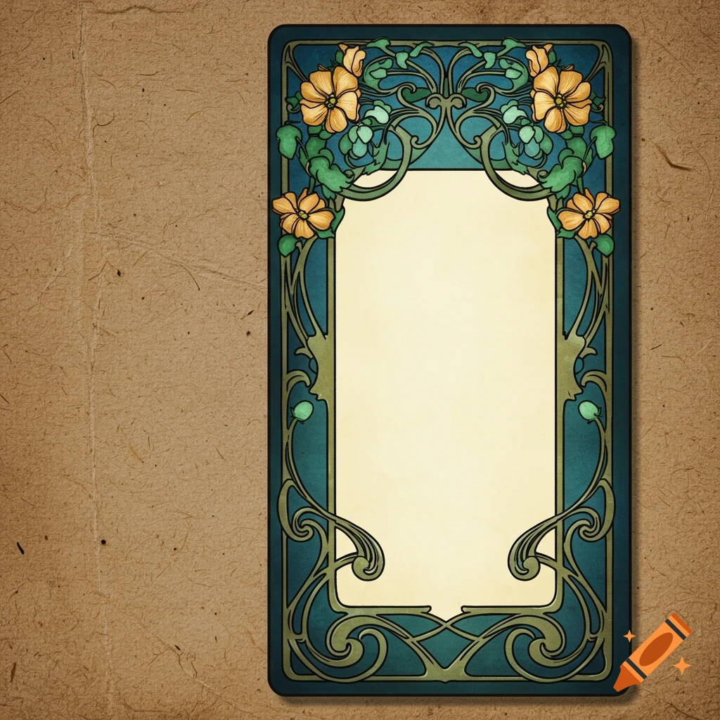 Art Nouveau decorative frame with orange flowers and swirling teal leaves on textured paper.