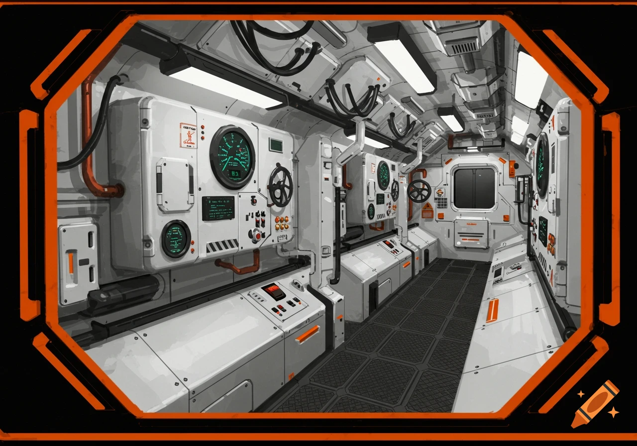 Futuristic white submarine or spaceship interior with control panels, gauges, and orange trim.