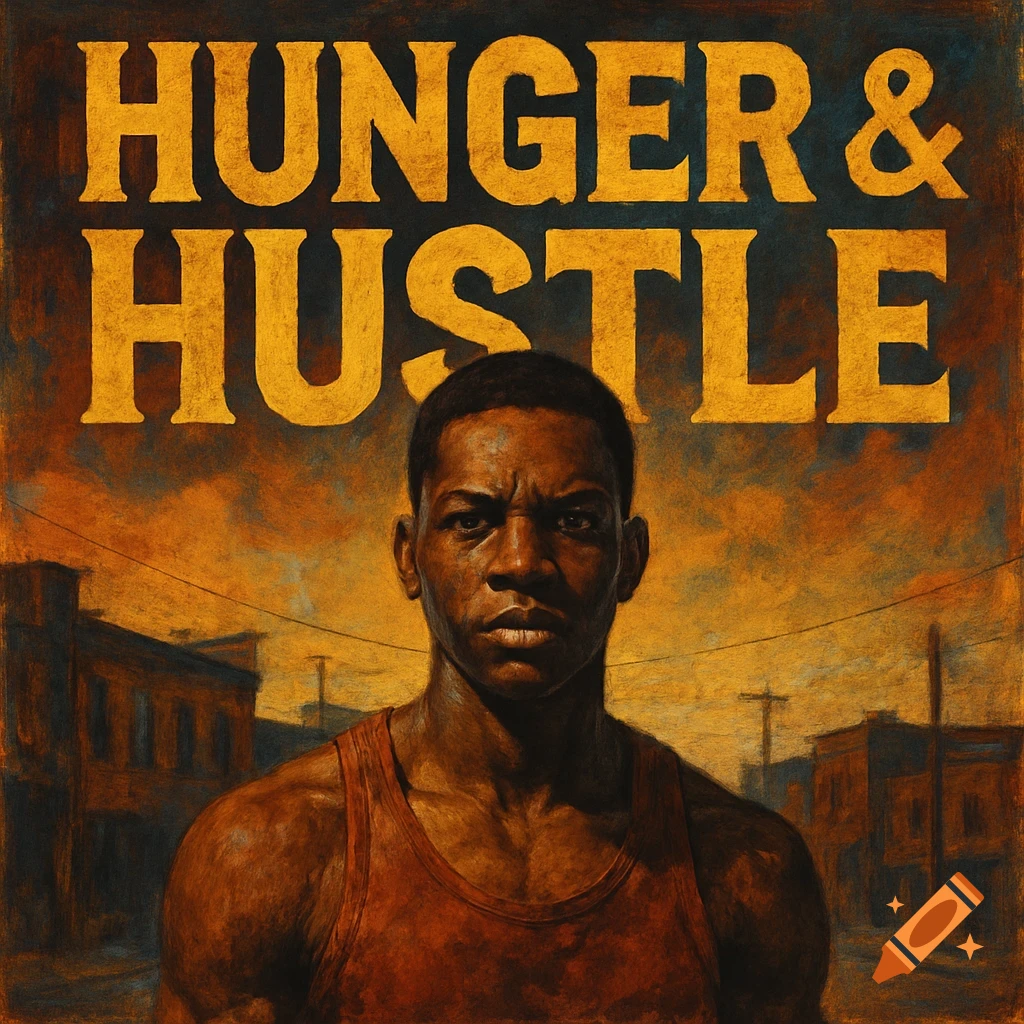 Album cover with text 'Hunger & Hustle' above a man in a tank top.