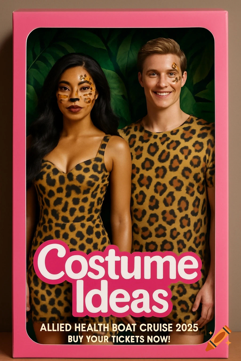 Two people in leopard costumes in a pink toy box frame with "Costume Ideas" text.