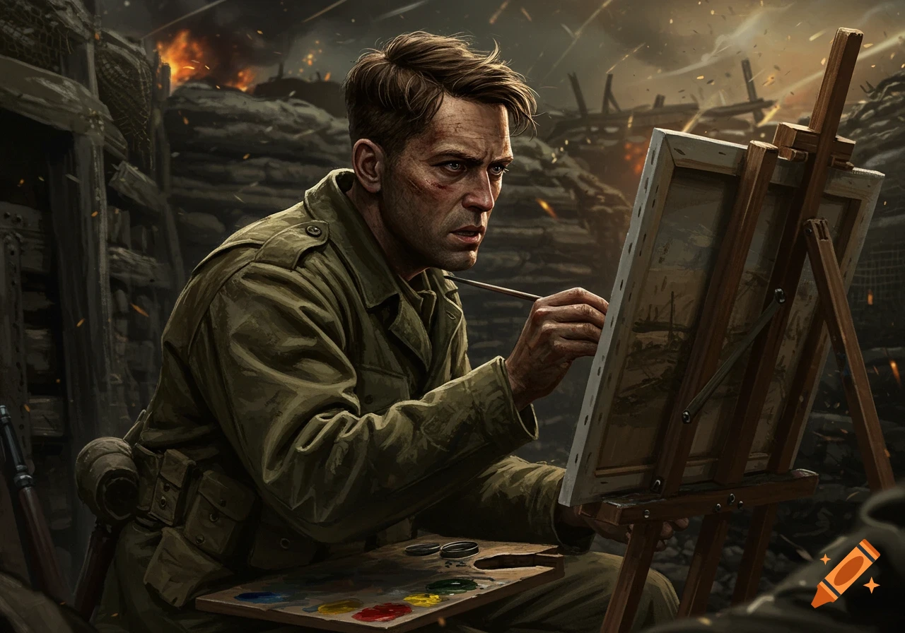 A soldier in a WWII trench paints on an easel.