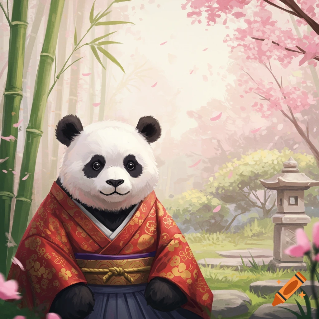 A cute panda wearing a red kimono sits in a Japanese garden with bamboo and cherry blossoms.