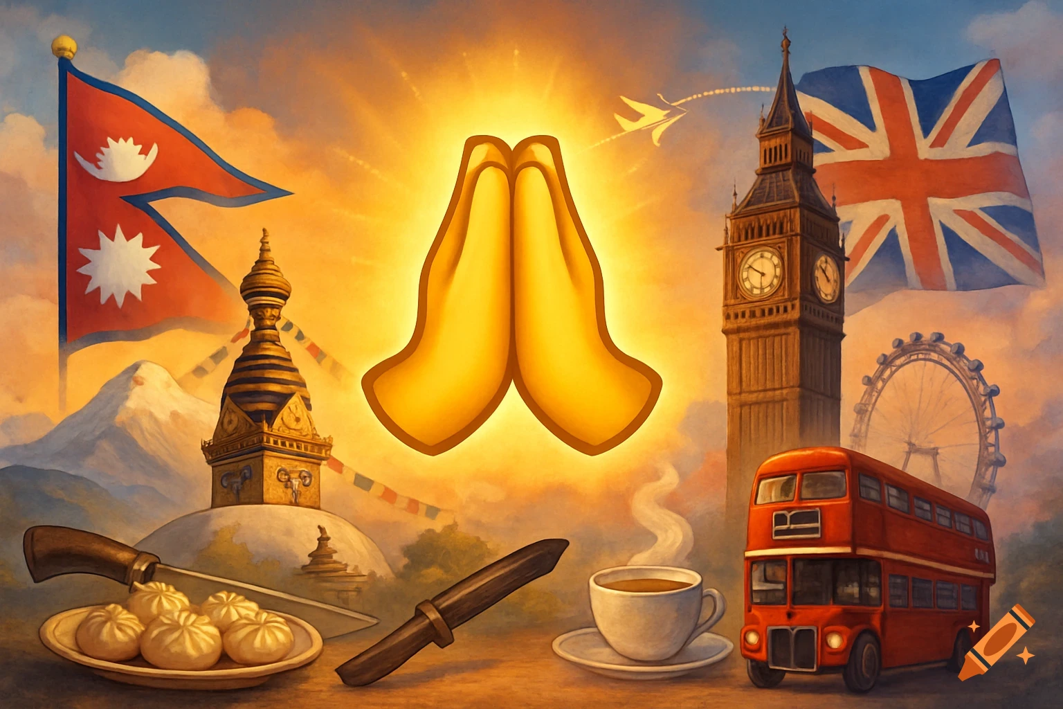 Semi-realistic travel poster art featuring a golden praying hands emoji between symbols of Nepal (flag, stupa, momo, knife) and London (UK flag, Big Ben, bus, tea).