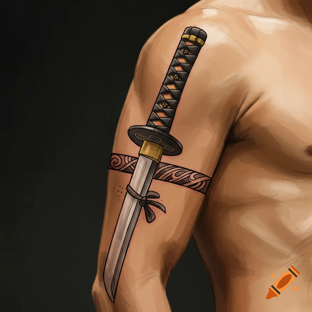 A samurai sword tattooed on a muscular arm, with a decorative band.