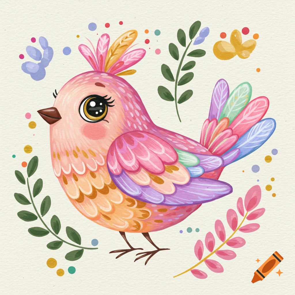 A colorful, sweet bird illustration in a folk art style, painted with gouache.