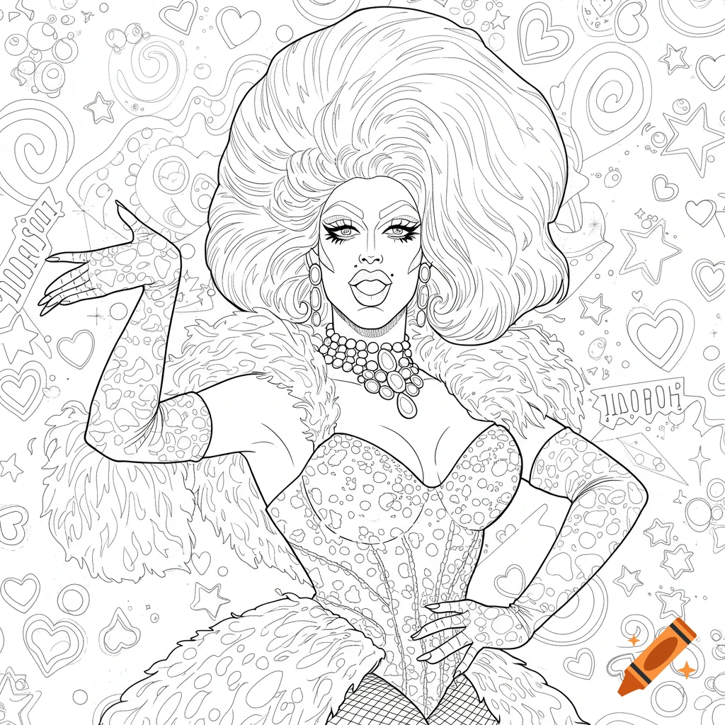 Line drawing of a drag queen in a large wig and elaborate outfit for coloring.