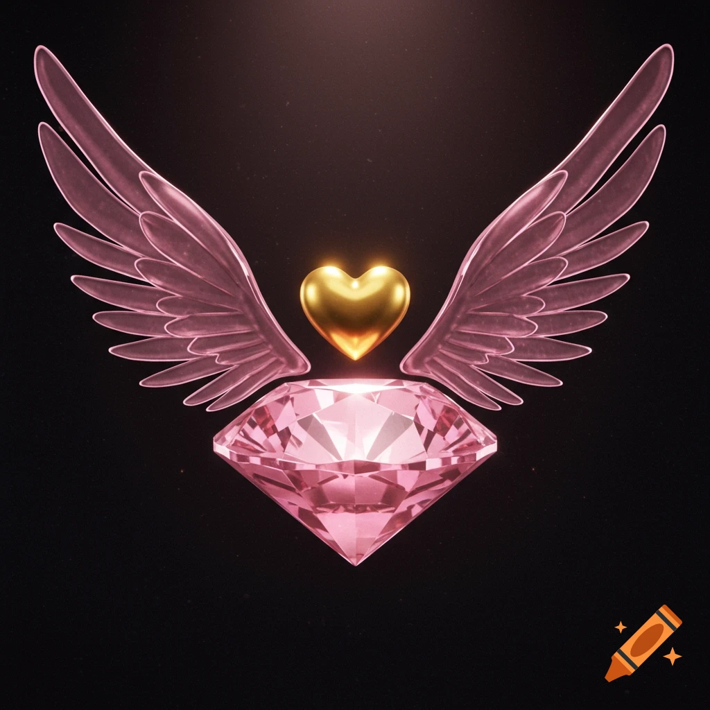 A large pink diamond with translucent pink wings and a glowing golden heart above it, on a dark background. 3D rendering style.