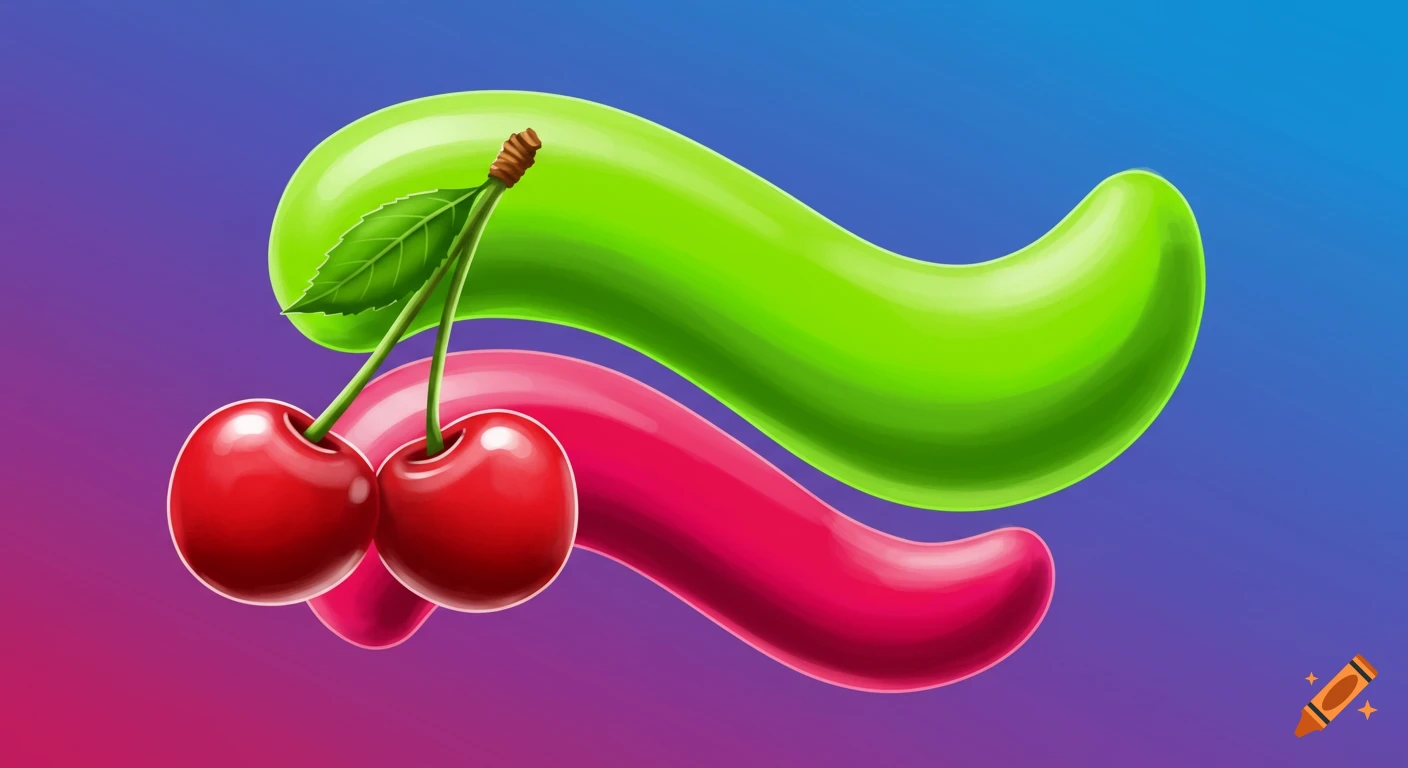 Two red cherries with a green leaf and stem over wavy green and pink shapes on a gradient background.