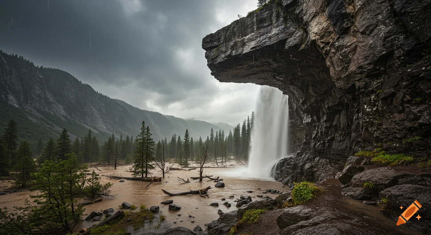 A waterfall flows from a rocky cliff into a muddy river surrounded by forest under a stormy sky.