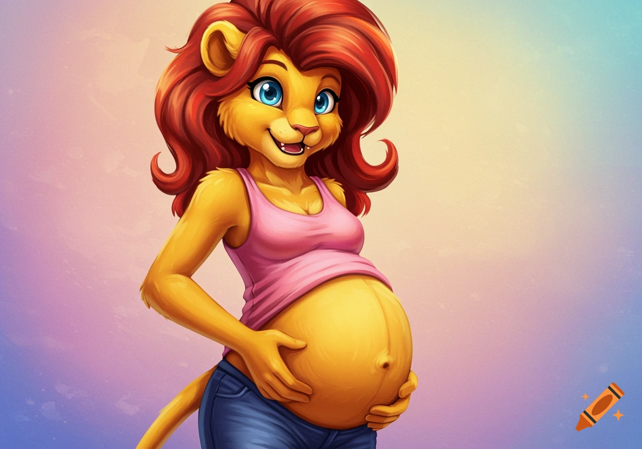 Cartoon illustration of a pregnant anthropomorphic lion woman.